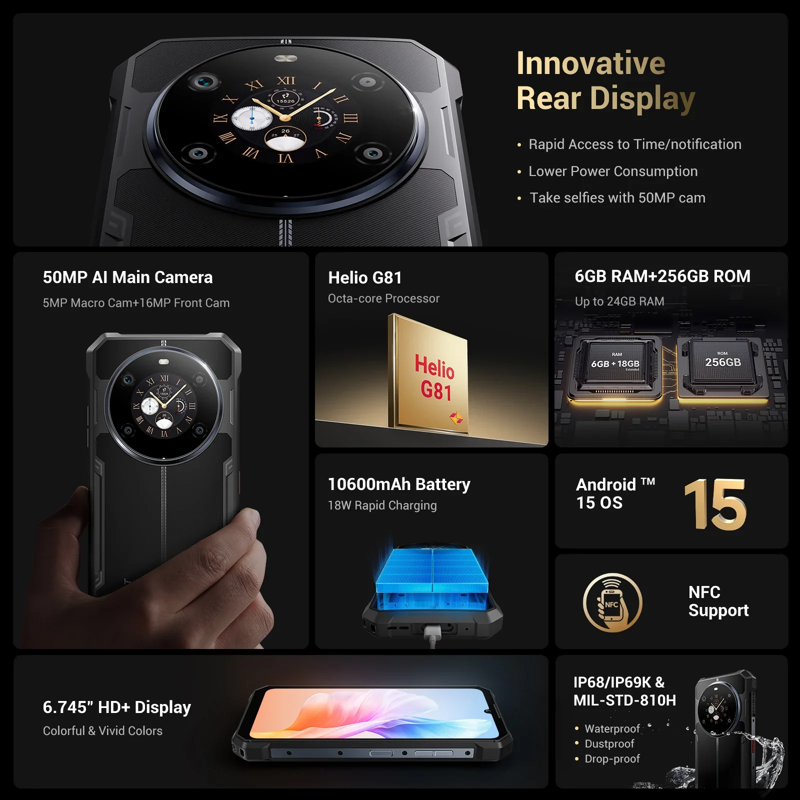 FOSSiBOT F109S 4G 24GB+256GB 6.745-Inch Main & 1.32-inch Innovative & Multifunction Rear Display 10600mAh NFC Rugged Phone - Image 9