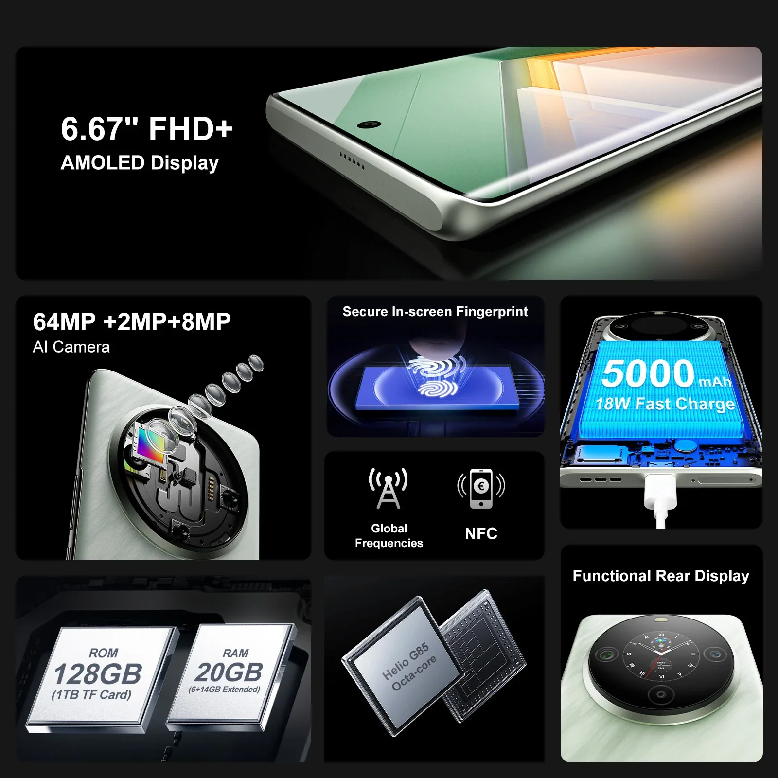FOSSiBOT S3 Pro 6.67" AMOLED Curved & 1.09-inch Round Secondary Display Helio G85 20GB+128GB 5000mAh 64MP AI Main Camera 4G Smartphone - Image 3